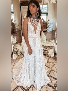 Rue De Seine Ivory Lace Plunge Bridal Gown in the style Rayna